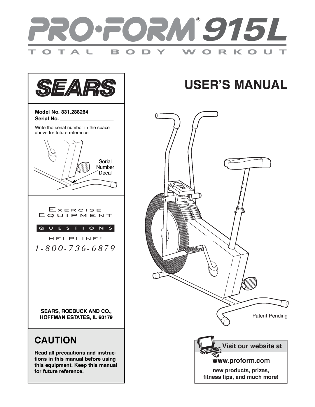 Sears 831.288264 manual Model No, Serial No, Sears, Roebuck And Co., Hoffman Estates, Il, Userõs Manual 