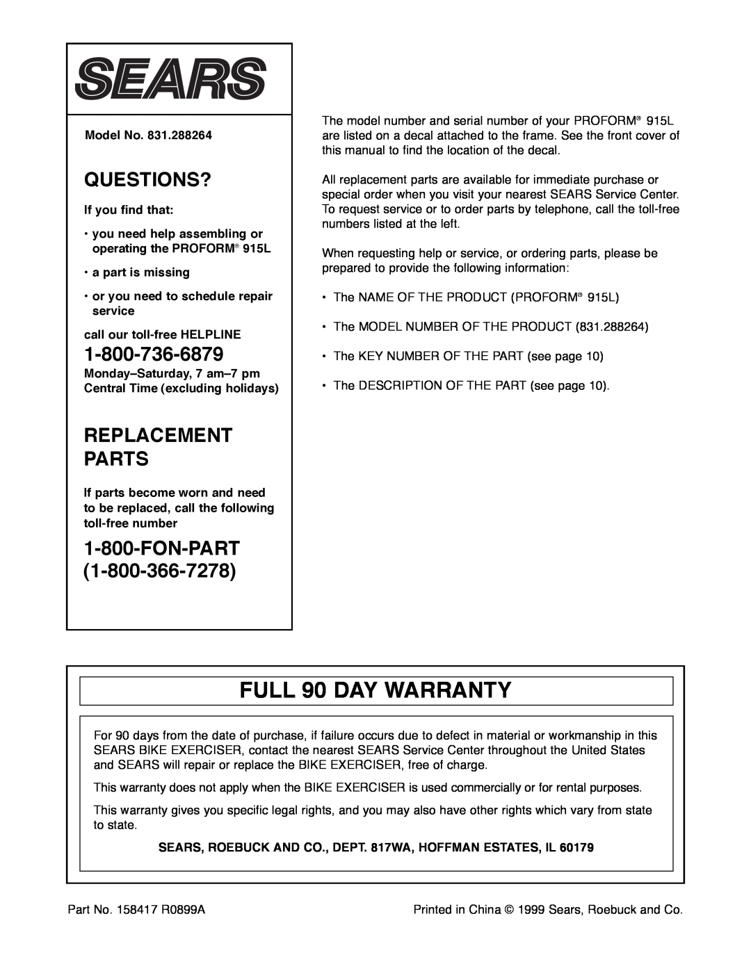 Sears 831.288264 manual FULL 90 DAY WARRANTY, If you find that, ¥ you need help assembling or operating the PROFORM¨ 915L 