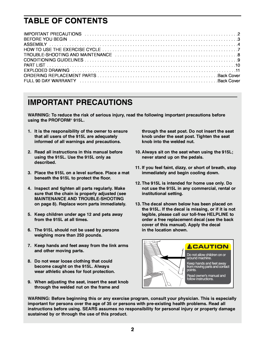 Sears 831.288264 manual Table Of Contents, Important Precautions, in the location shown 