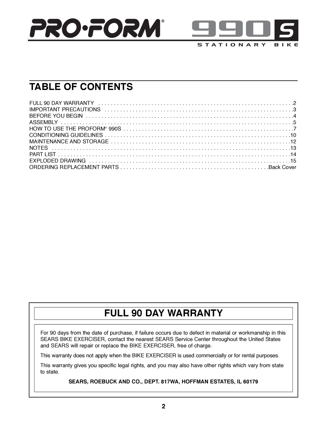 Sears 831.288300 user manual Table of Contents, Full 90 DAY Warranty 