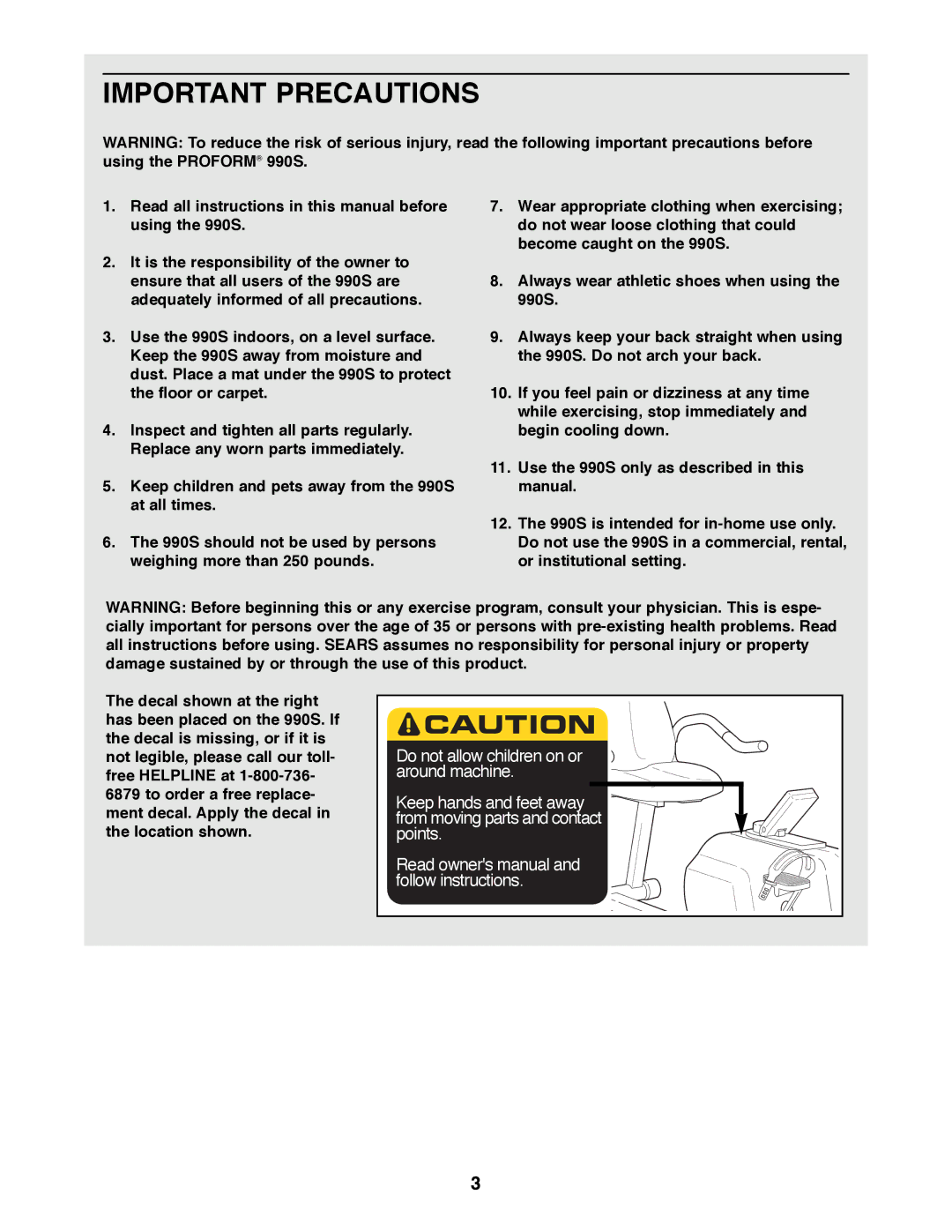 Sears 831.288300 user manual Important Precautions 