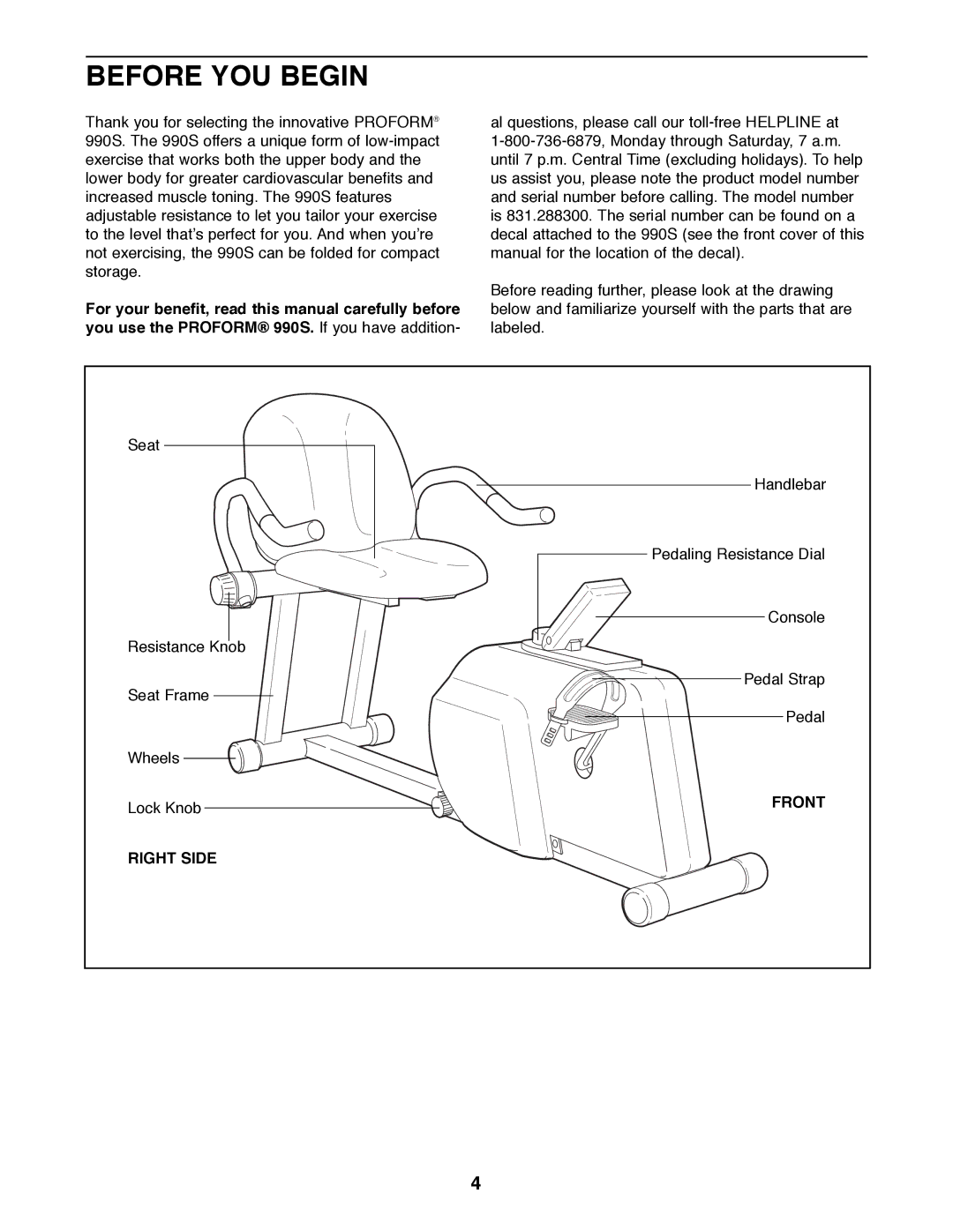 Sears 831.288300 user manual Before YOU Begin, Front, Right Side 