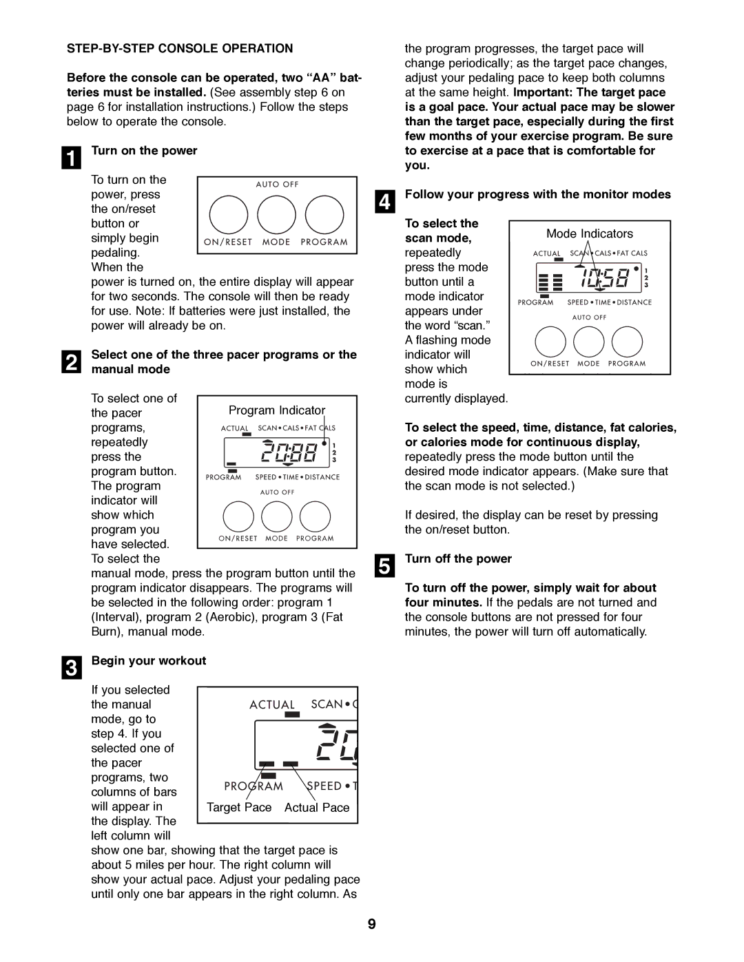 Sears 831.288300 STEP-BY-STEP Console Operation, Follow your progress with the monitor modes, Begin your workout 