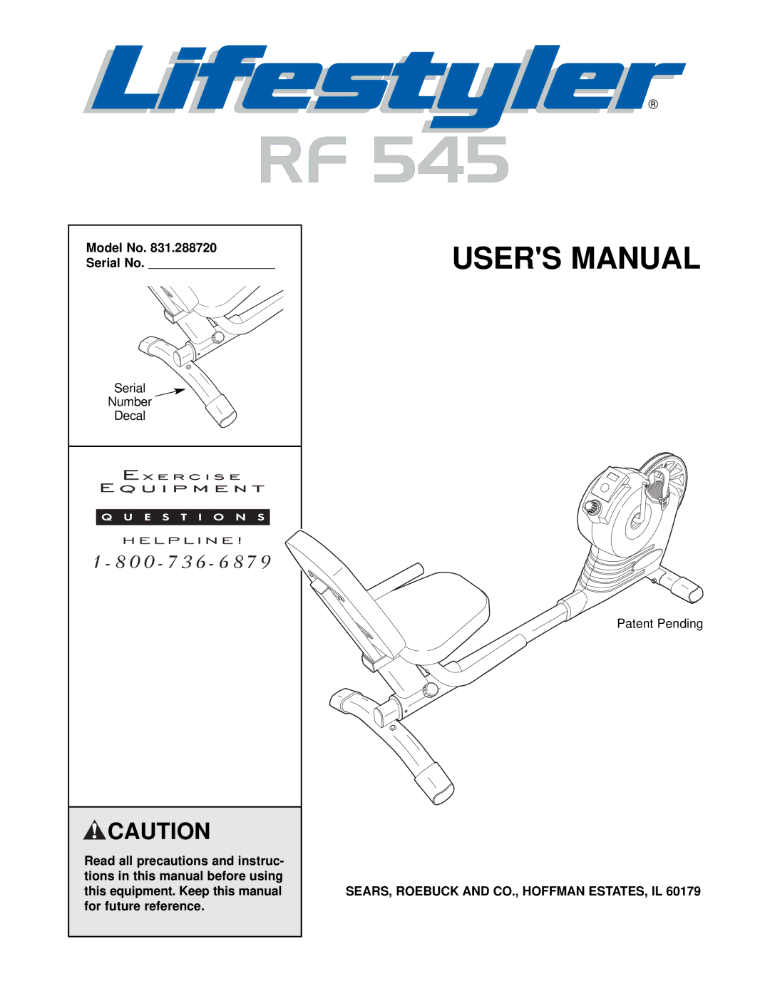 Sears 831.288720 user manual Model No Serial No, SEARS, Roebuck and CO., Hoffman ESTATES, IL 