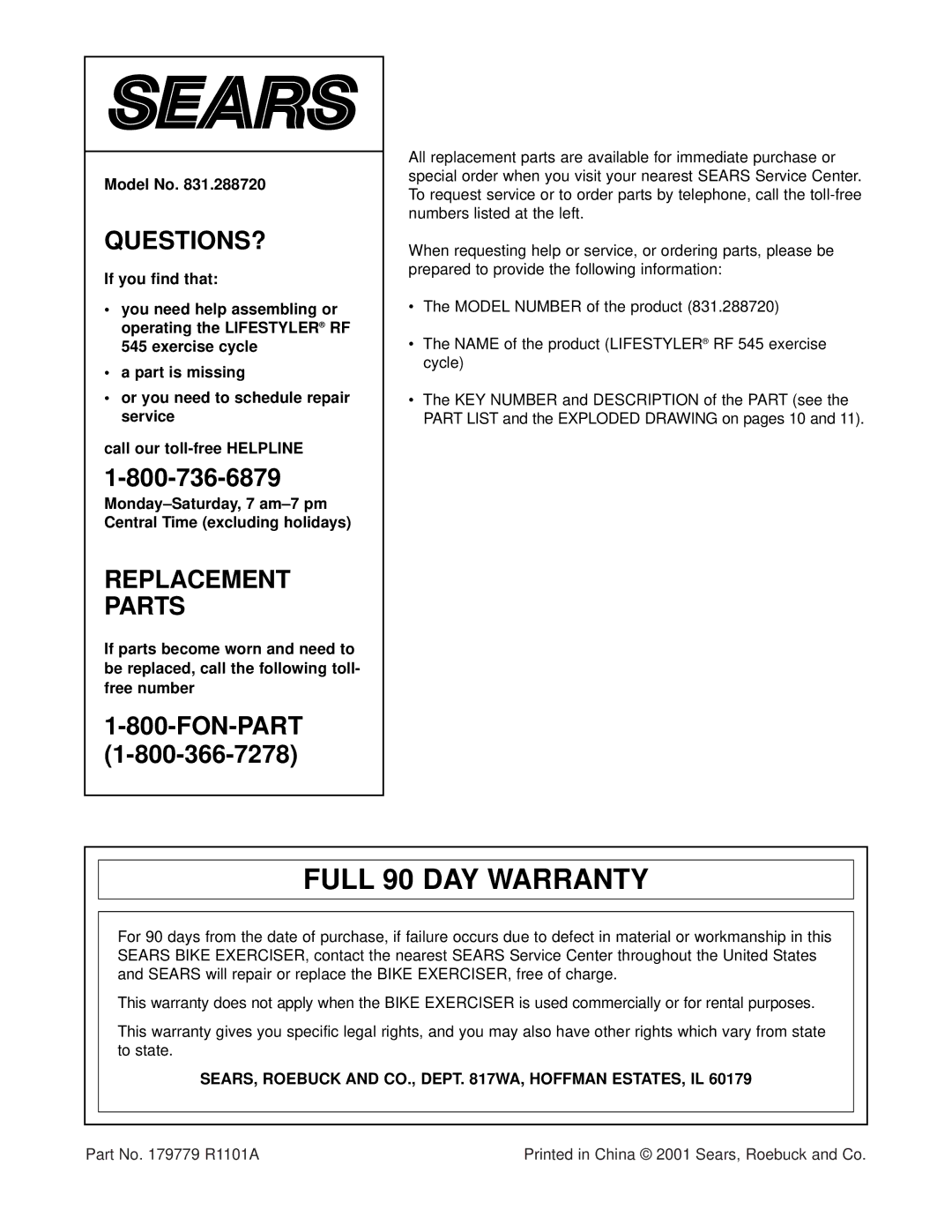 Sears 831.288720 user manual Full 90 DAY Warranty, Model No, SEARS, Roebuck and CO., Dept WA, Hoffman ESTATES, IL 