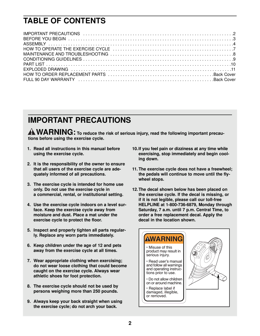 Sears 831.288720 user manual Table of Contents, Important Precautions 