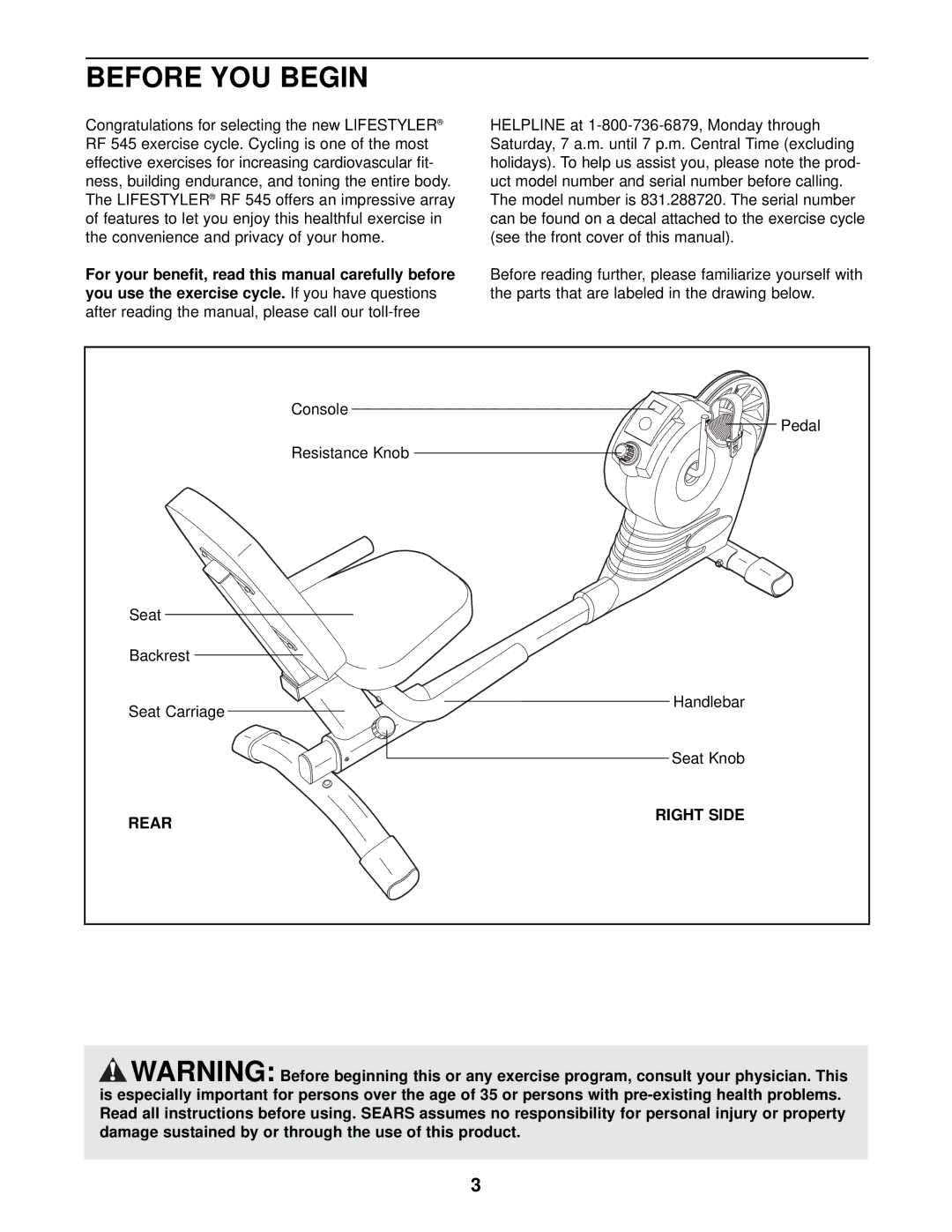 Sears 831.288720 user manual Before YOU Begin, Rear Right Side 