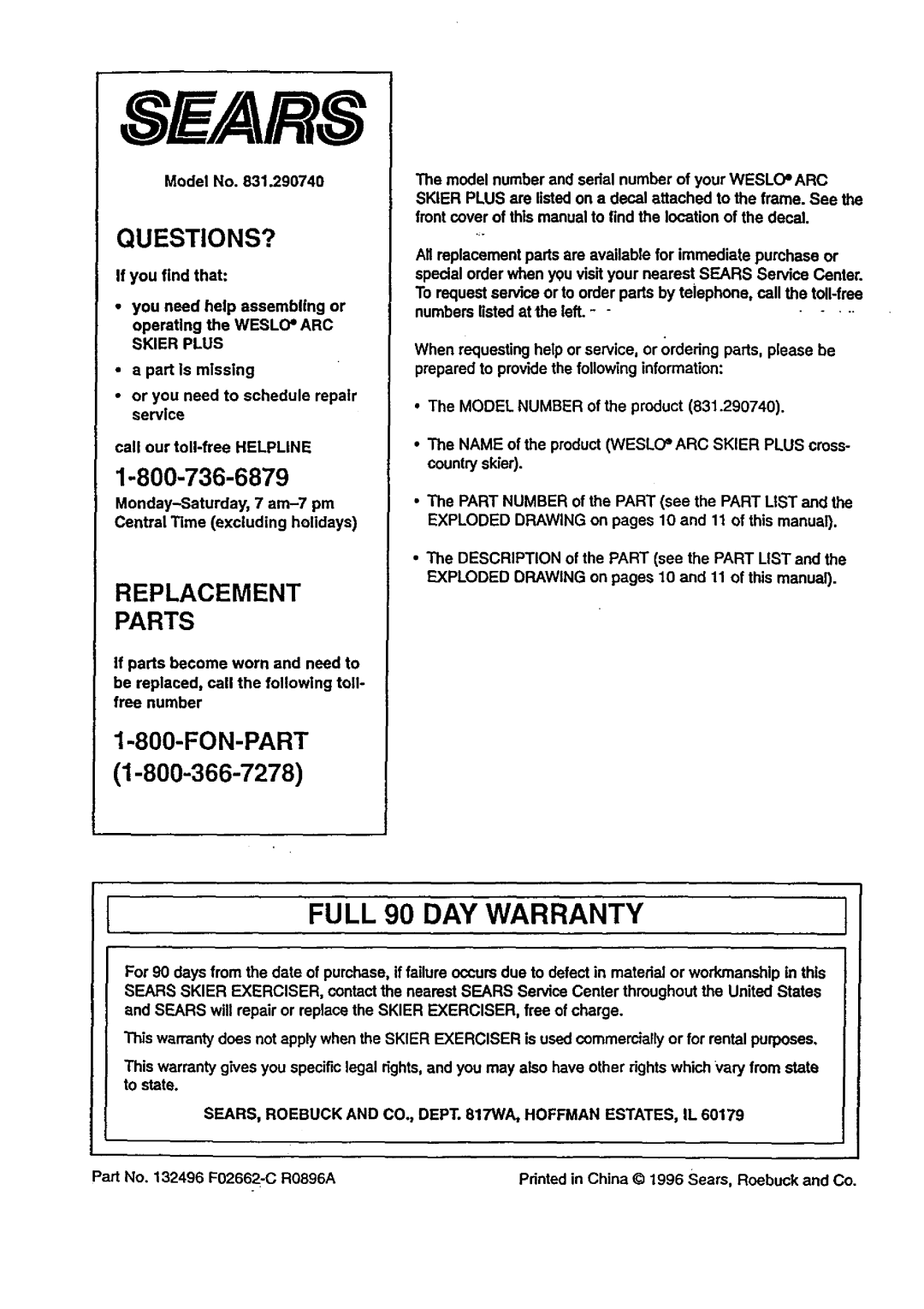 Sears 831.29074 user manual Questions?, SEARS, Roebuck and CO., Dept WA, Hoffman ESTATES, IL 