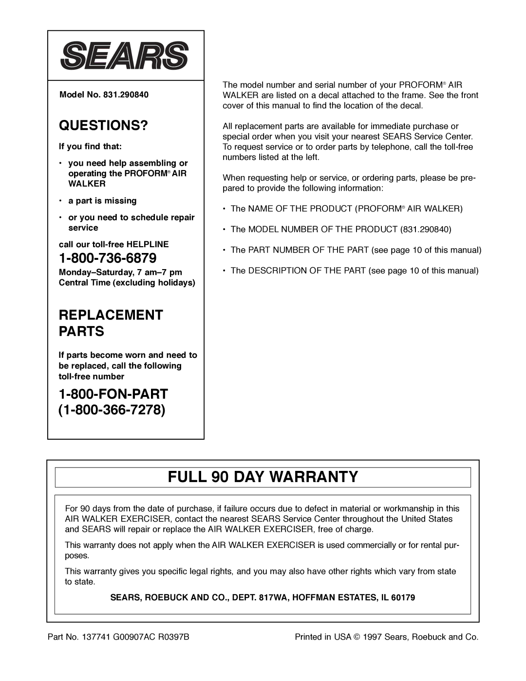 Sears 831.290840 user manual Full 90 DAY Warranty, Model No, SEARS, Roebuck and CO., Dept WA, Hoffman ESTATES, IL 