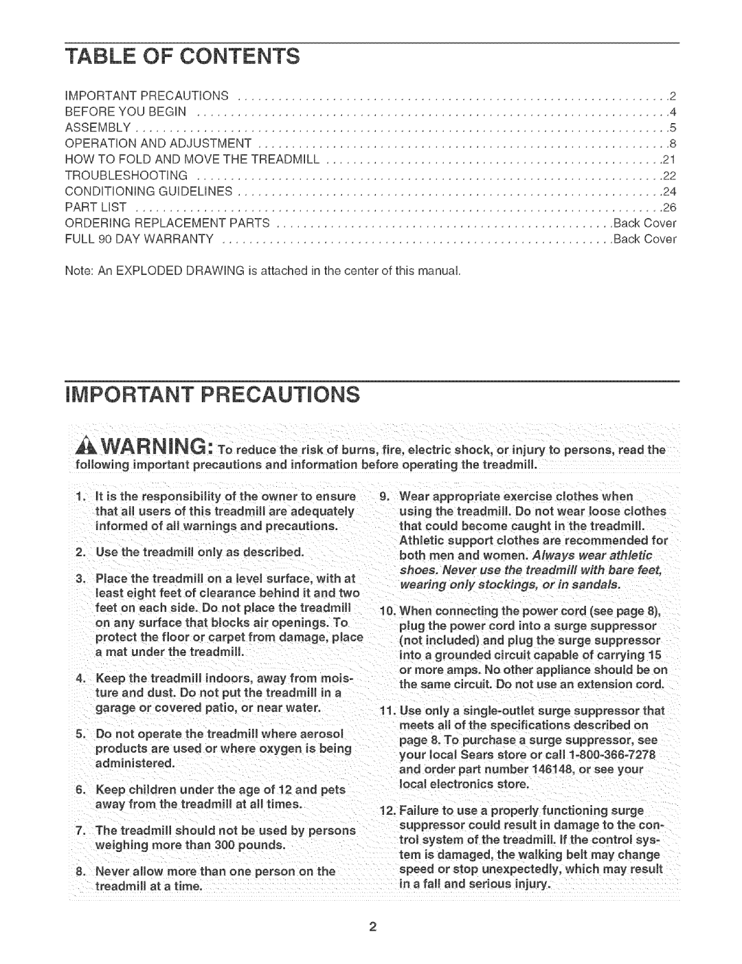 Sears 831.29506 user manual Contents, Important Precautions 