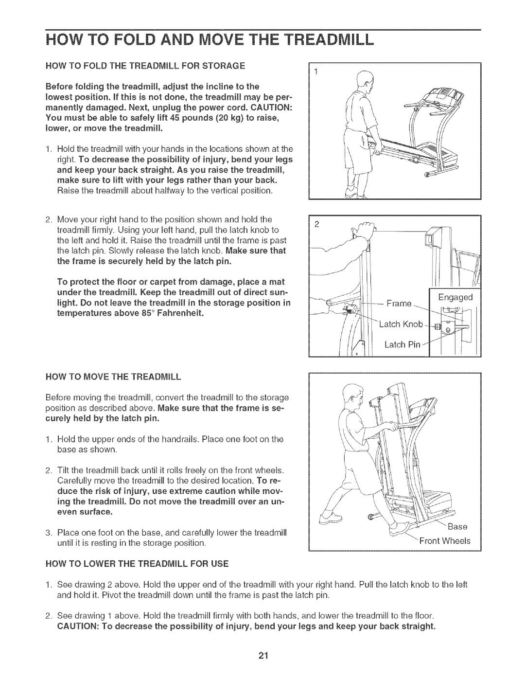 Sears 831.29506 HOW to Fold and Move the Treadmill, HOW to Move the Treadmill, HOW to Lower the Treadmill for USE 