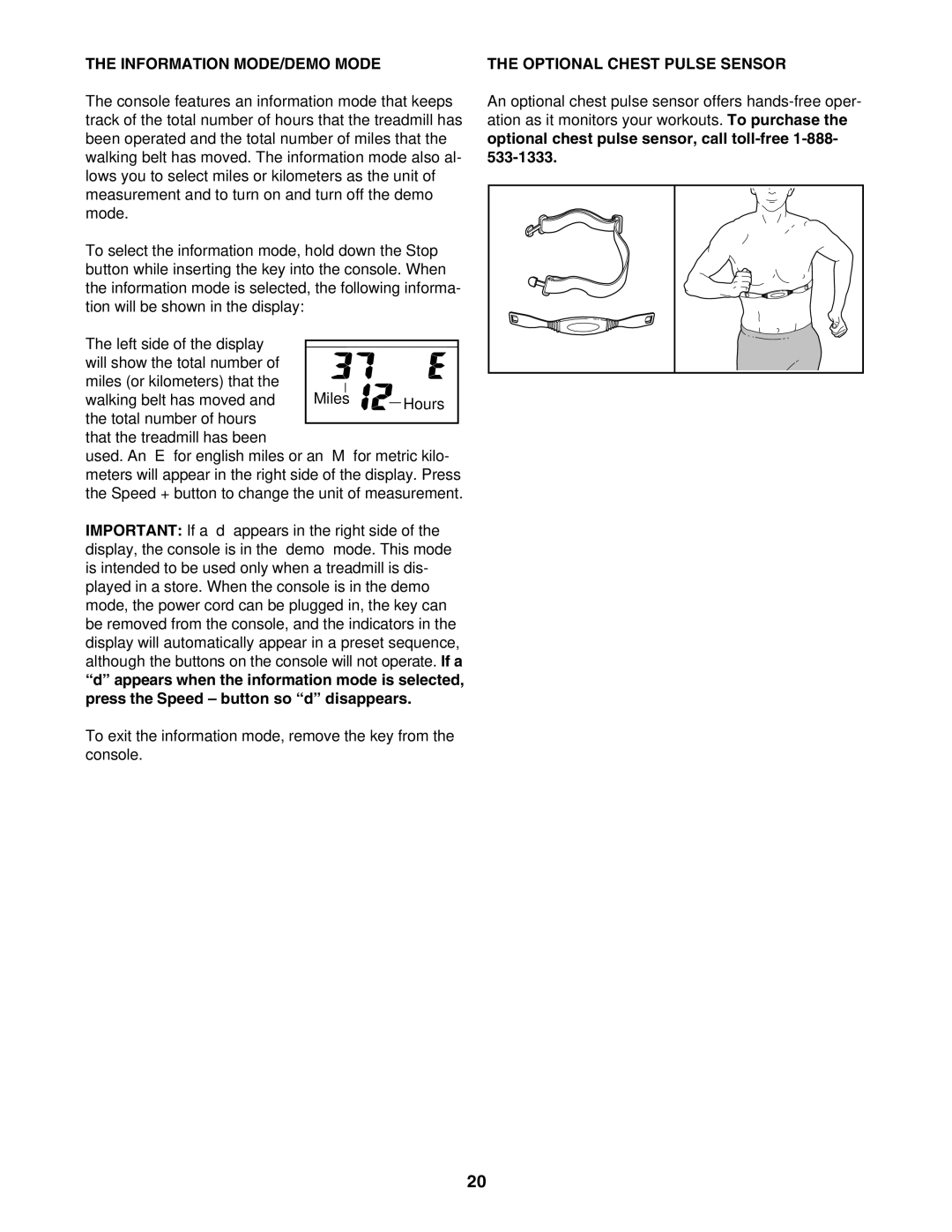 Sears 831.295251 user manual Information MODE/DEMO Mode, Optional Chest Pulse Sensor 