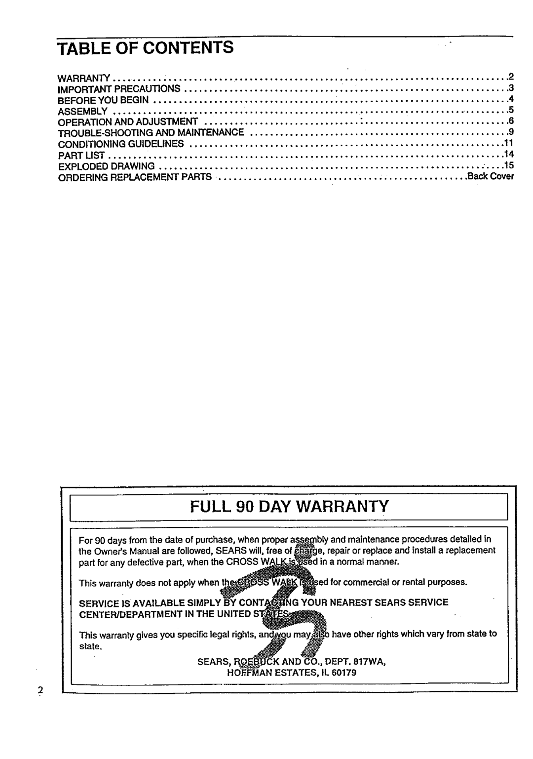 Sears 831.29723 owner manual Table of Contents, Warranty, Assembly, Conditioning Guidelines Part List Exploded, Sears F 