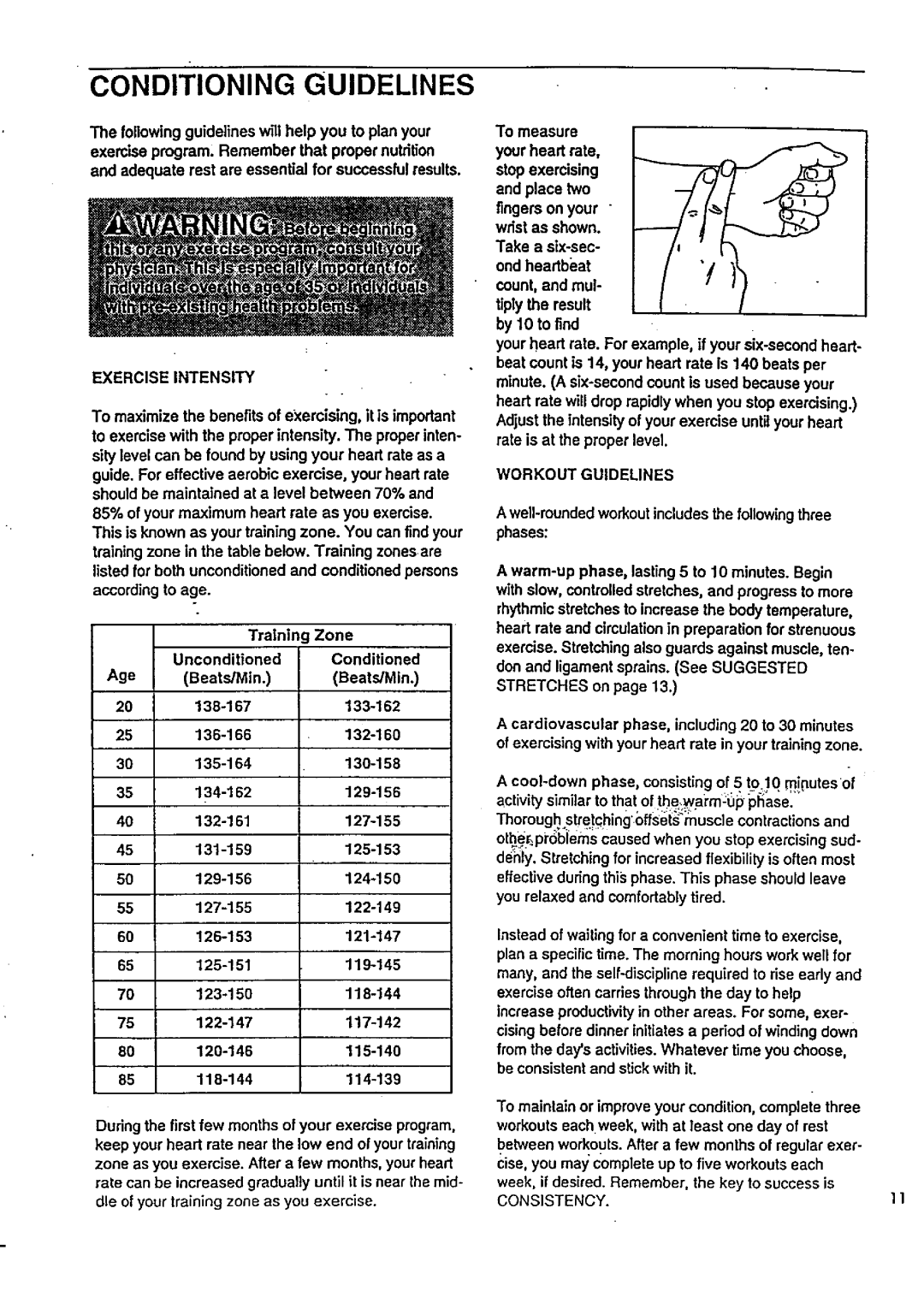 Sears 831.29723 owner manual Conditioning Guidelines, Workout Guidelines 