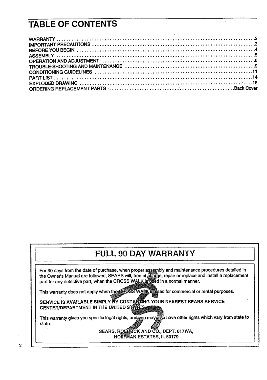 Sears 831.29723 owner manual Table Of Contents, FULL 90 DAY WARRANTY, il!ii!i, ozco 