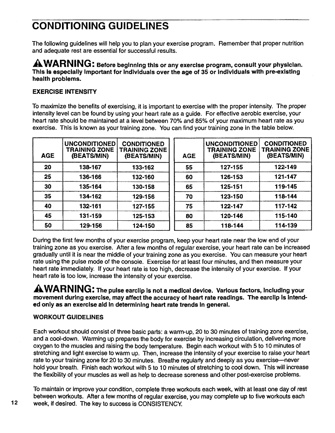 Sears 831.29725 Conditioning Guidelines, Exercise Intensity, Unconditioned Conditioned Training Zone AGE BEATS/MIN 