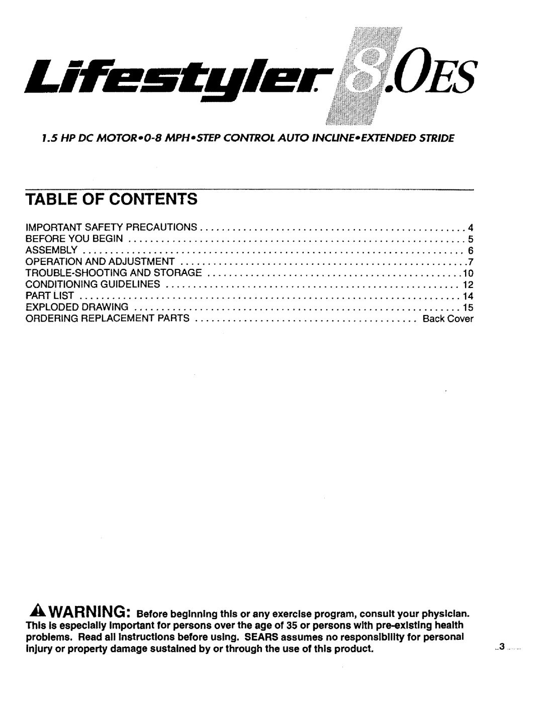 Sears 831.29725 owner manual Table of Contents 