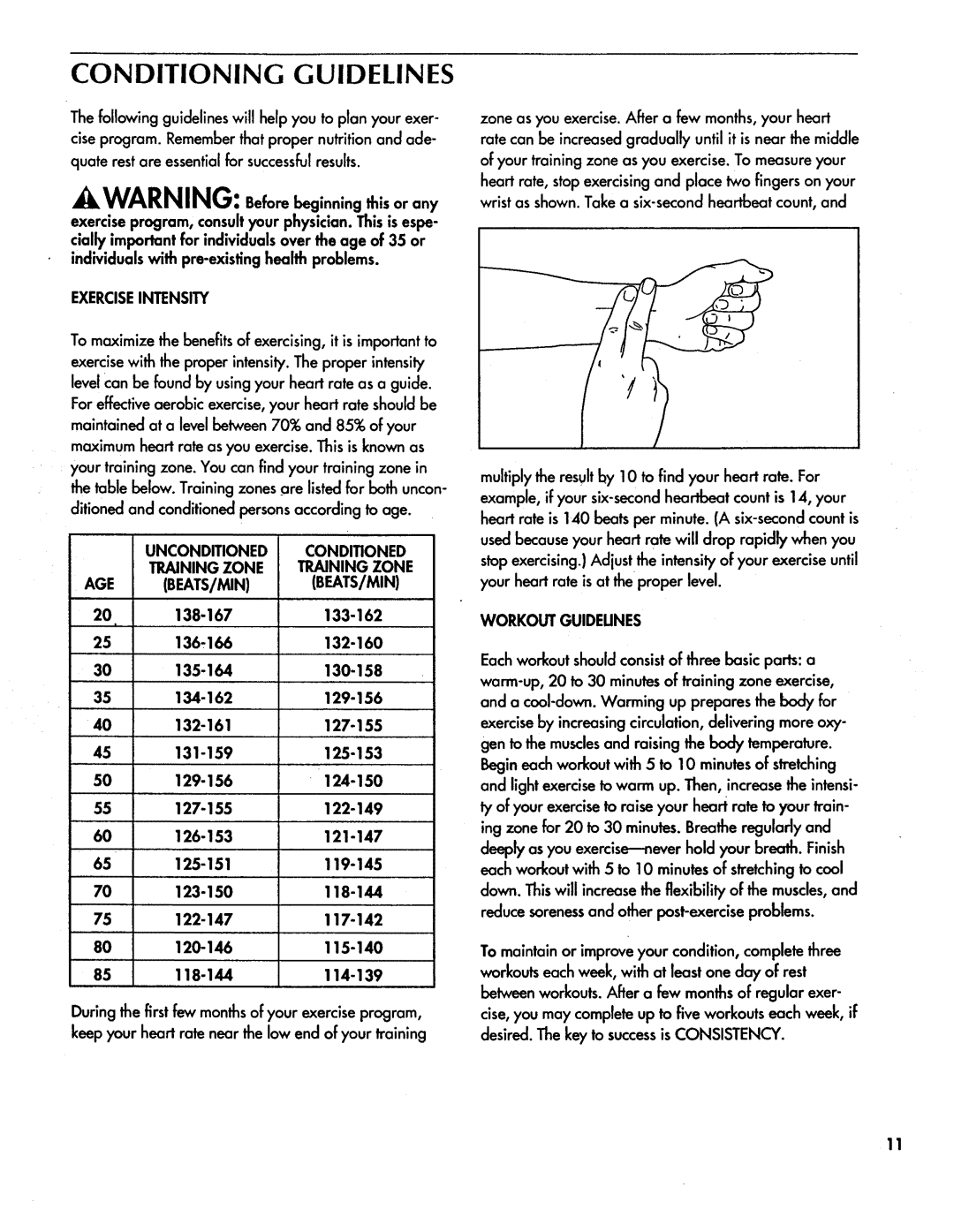 Sears 831.297311 Conditioning Guidelines, Exerciseintensity, Unconditioned Conditioned Training Zone AGE BEATS/MIN 