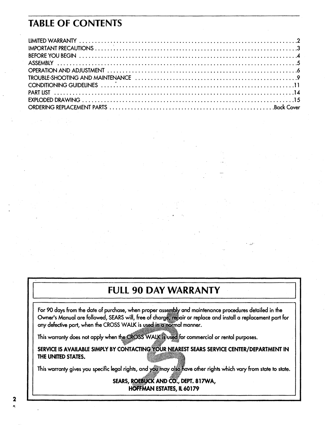 Sears 831.297311 owner manual Full 90 DAY Warranty, Table of Contents 