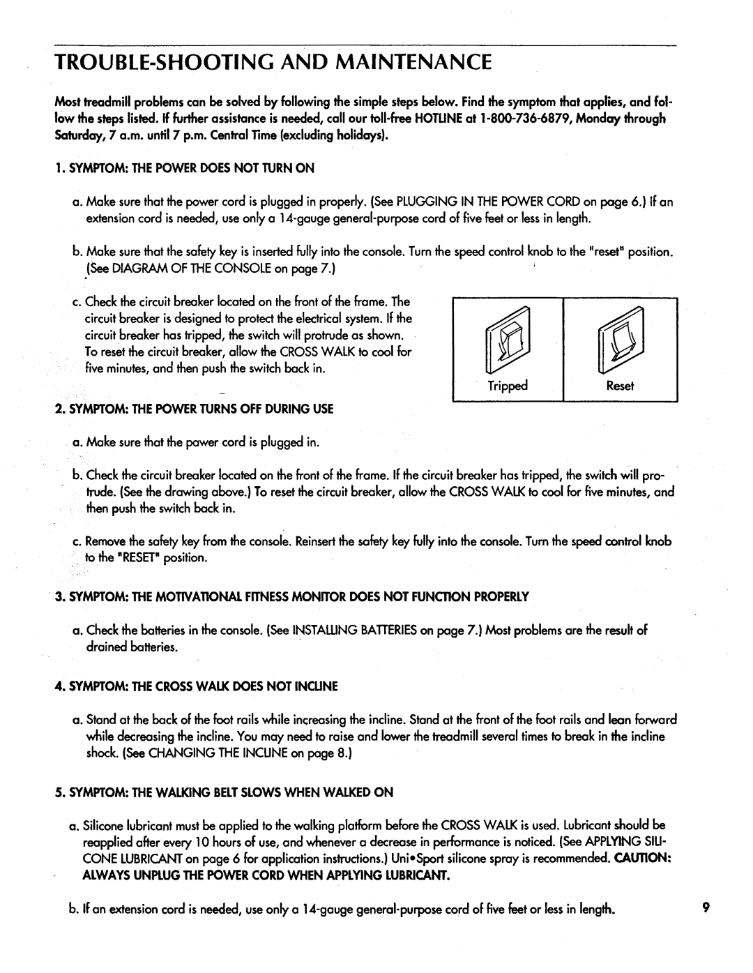 Sears 831.297311 owner manual TROUBLE-SHOOTING and Maintenance, Symptom the Power does not Turn on, Tripped 