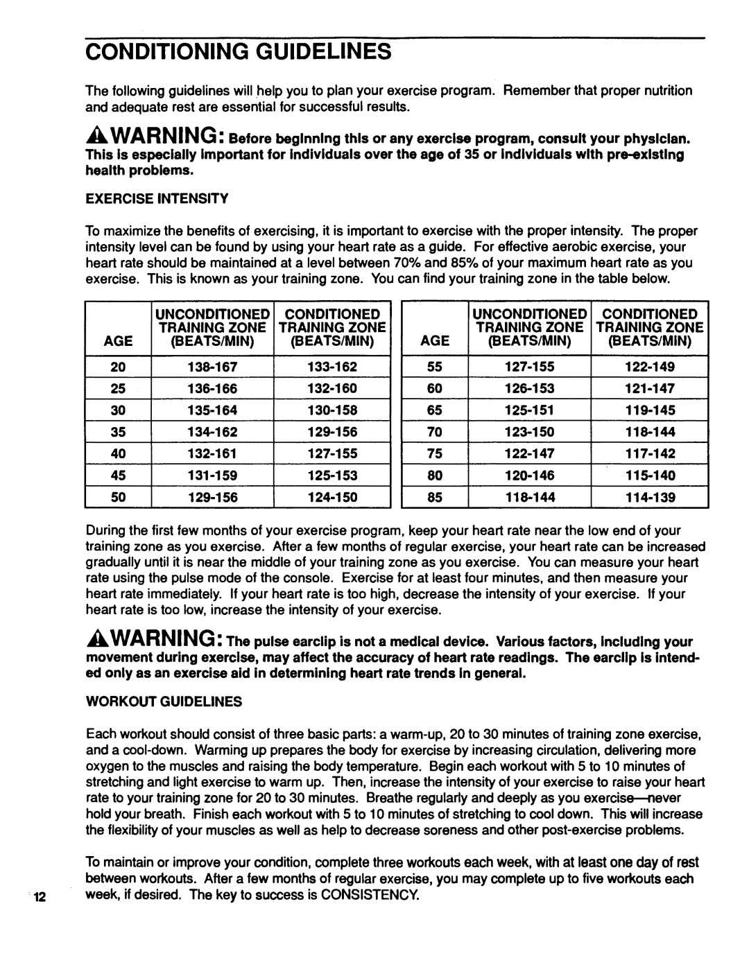 Sears 831.2974 Conditioning Guidelines, Exercise Intensity, Unconditioned Conditioned Training Zone AGE BEATS/MIN 