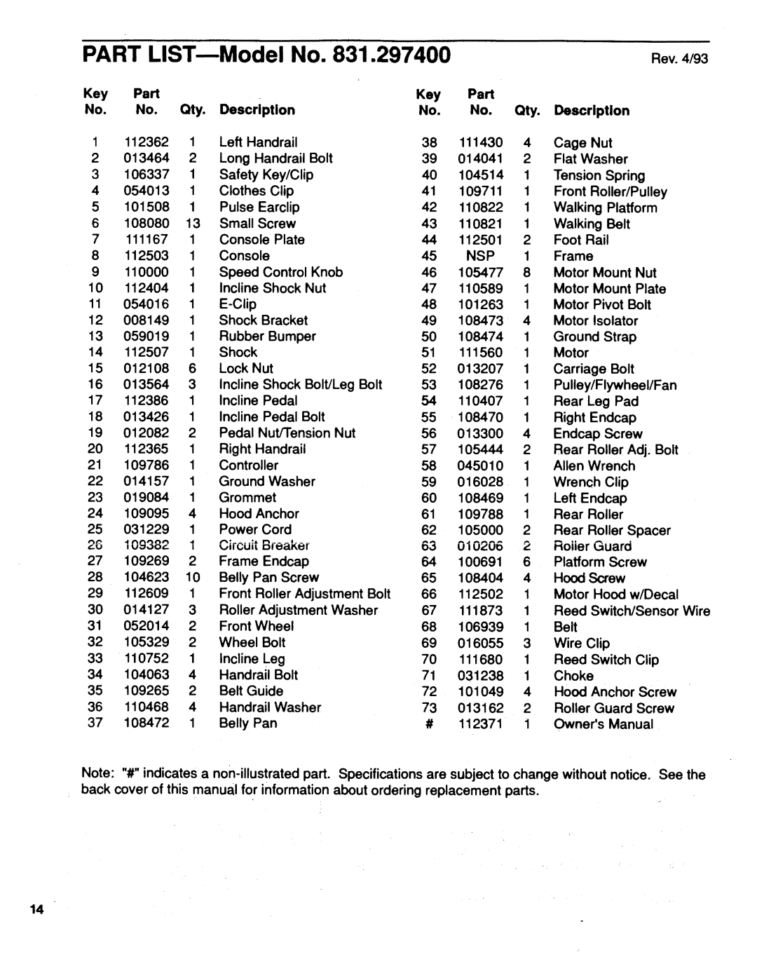 Sears 831.2974 owner manual Part LIST---Model 