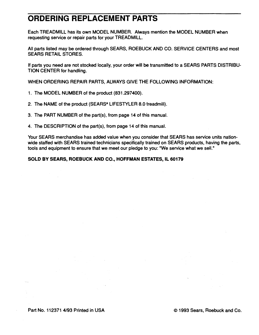 Sears 831.2974 owner manual Sears Retail Stores, Sold by SEARS, Roebuck and CO., Hoffman ESTATES, IL 