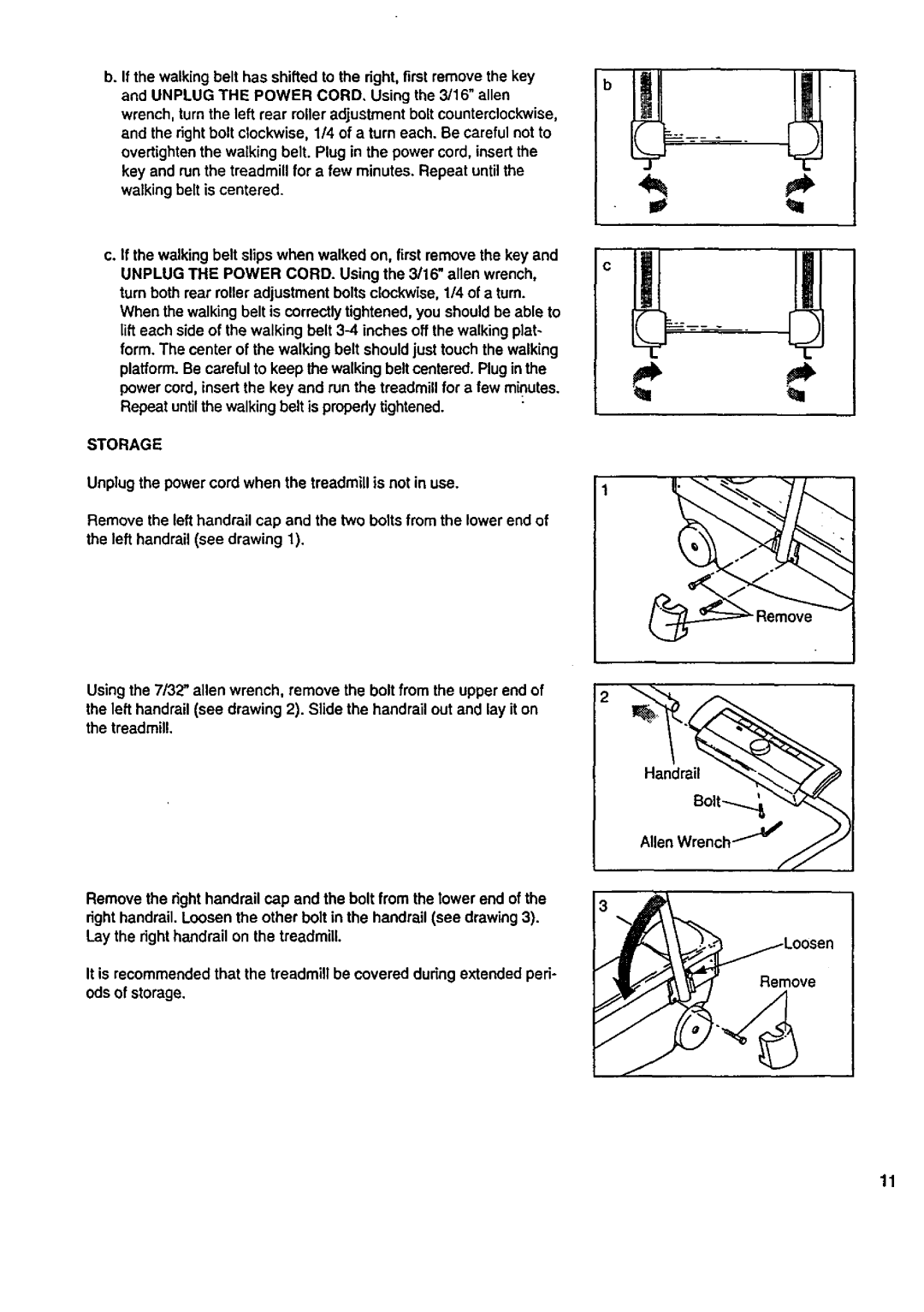 Sears 831.297432 owner manual Storage, Unplug the power cord when the treadmill is not in use 