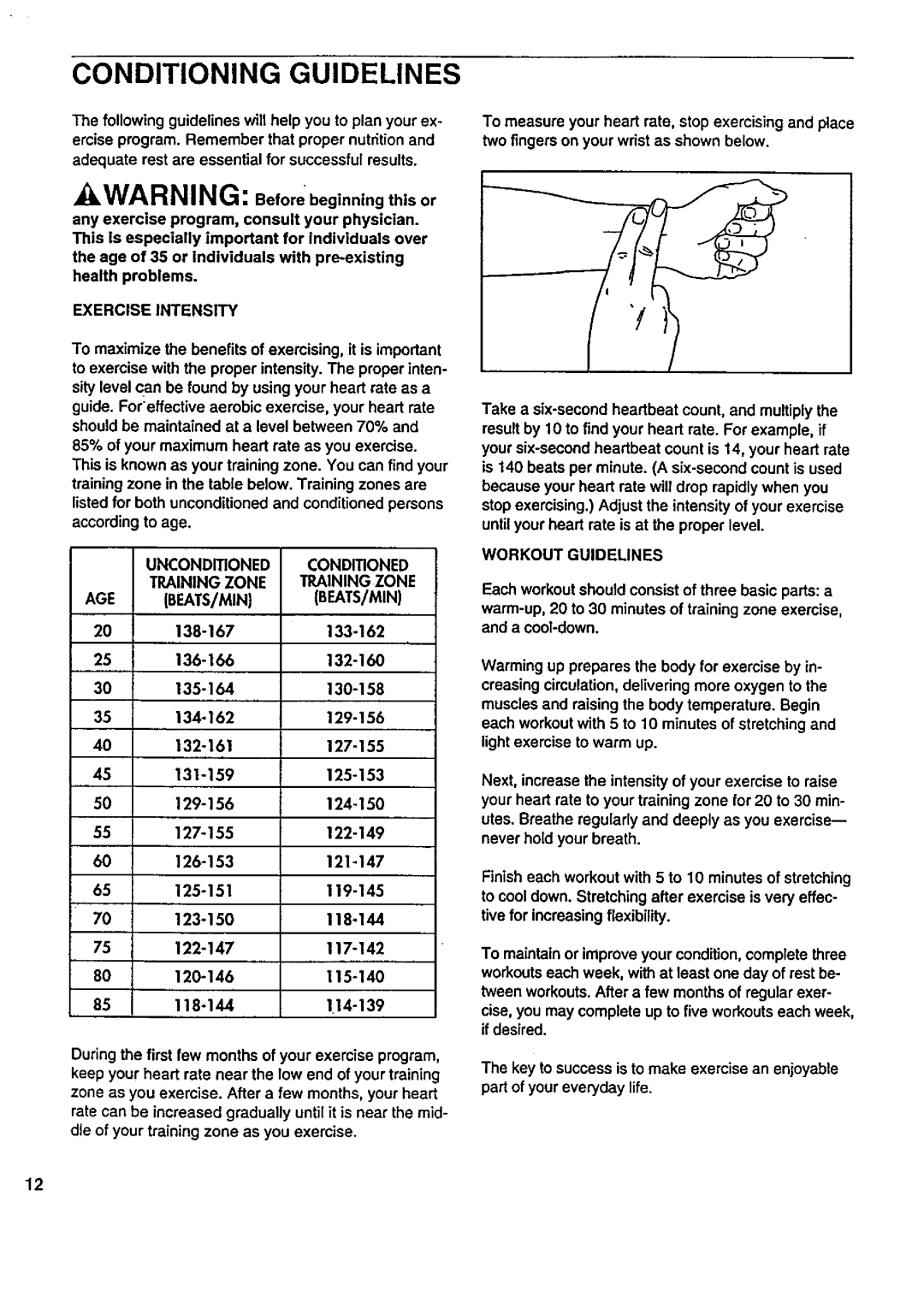 Sears 831.297432 Conditioning Guidelines, Exercise Intensity, Unconditioned Conditioned Training Zone AGE BEATS/MIN 