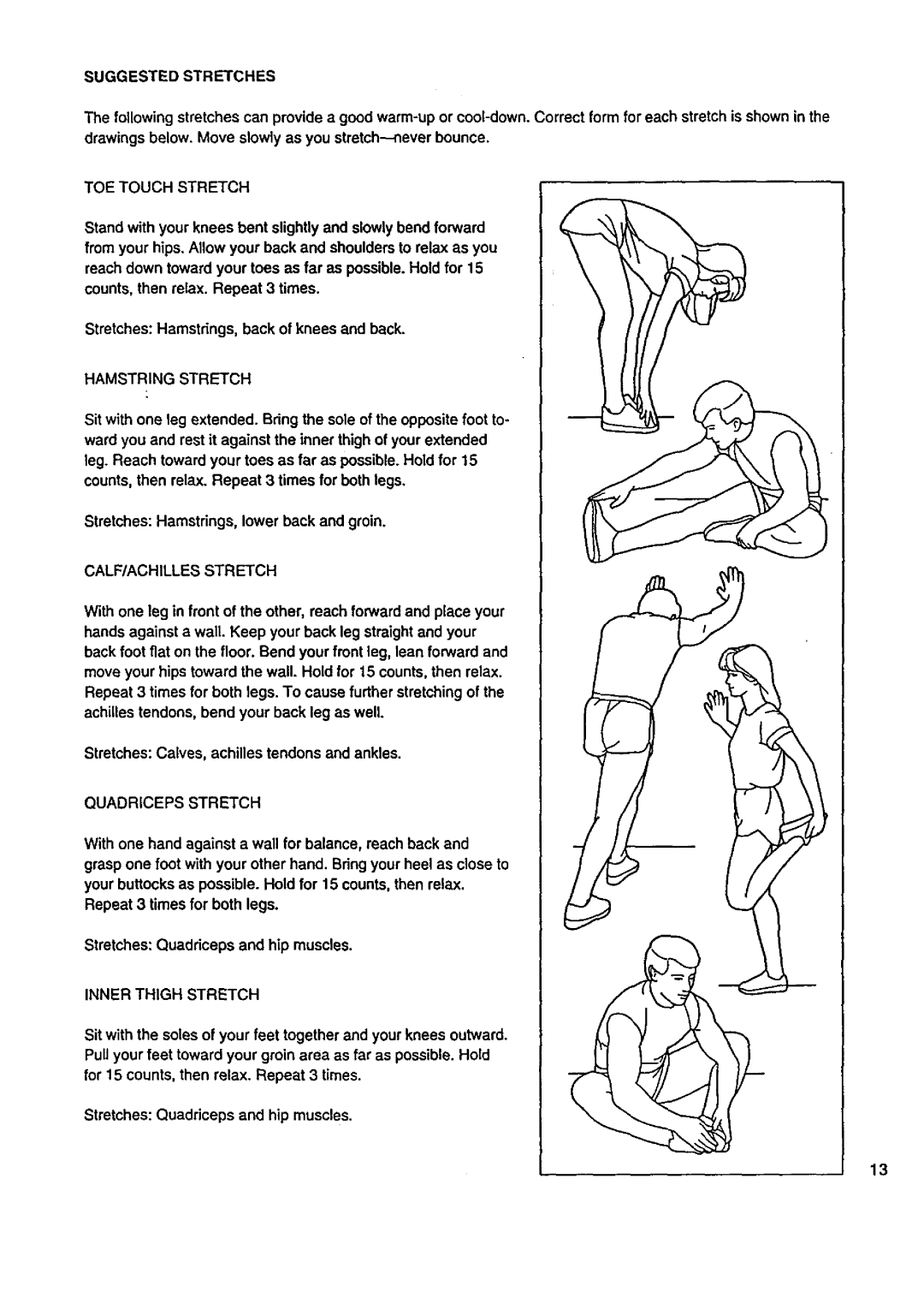 Sears 831.297432 owner manual Suggested Stretches, Hamstring Stretch, Quadriceps Stretch, Inner Thigh Stretch 