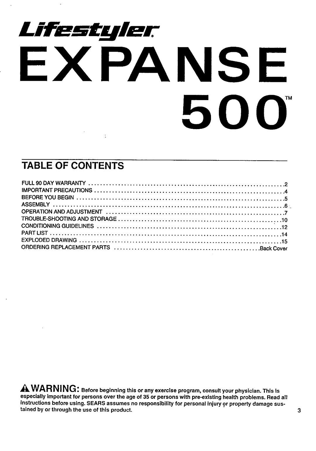 Sears 831.297432 owner manual Expanse, Table of Contents 