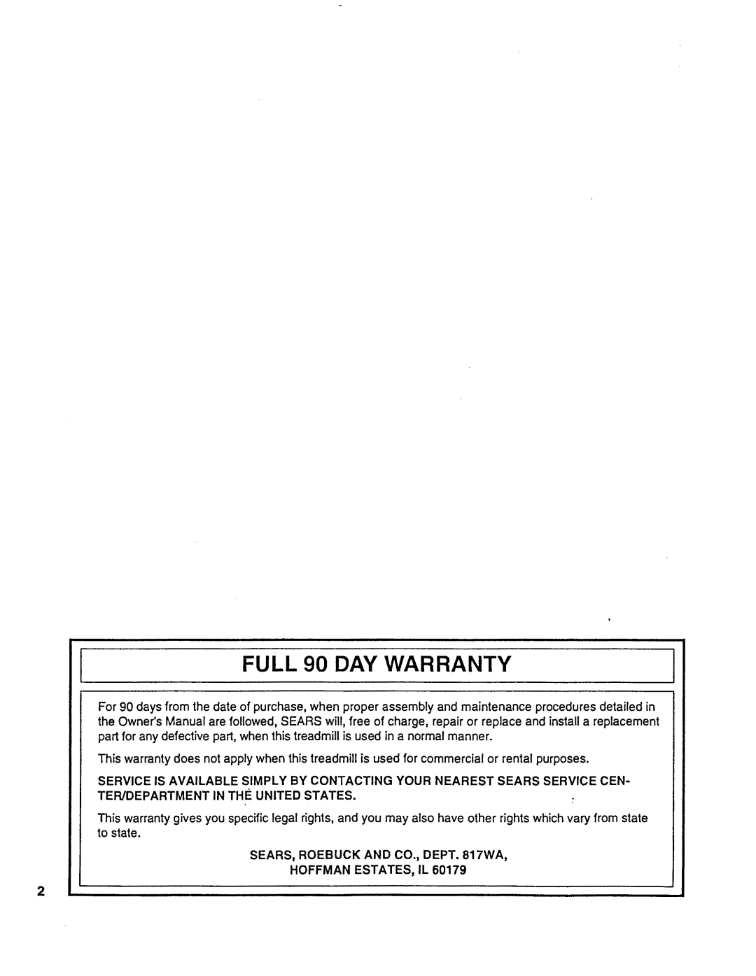 Sears 831.297451 owner manual FULL 90 DAY WARRANTY, SEARS, ROEBUCK AND CO., DEPT. 817WA HOFFMAN ESTATES, IL 