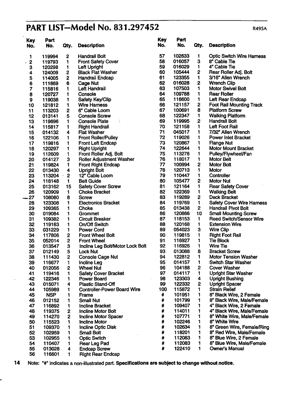 Sears 831.297452 owner manual Part LIST--Model No R495 