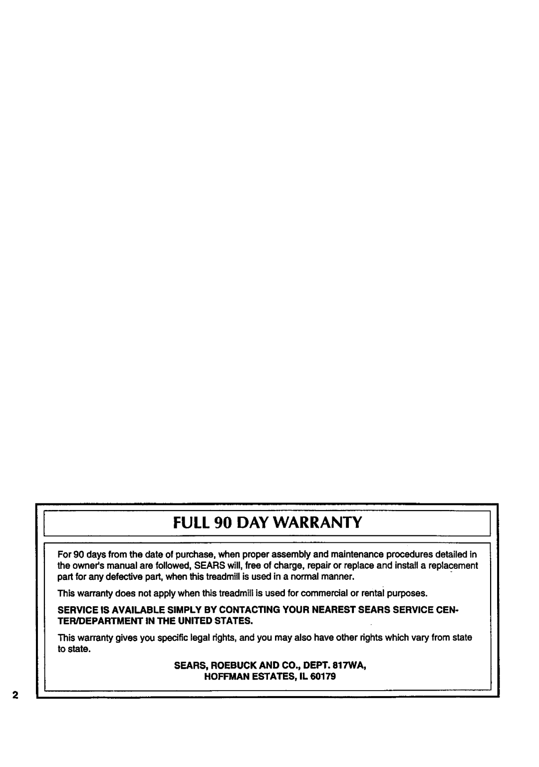 Sears 831.297452 owner manual Full 90 DAY Warranty, SEARS, Roebuck and CO., Dept WA Hoffman ESTATES, IL 