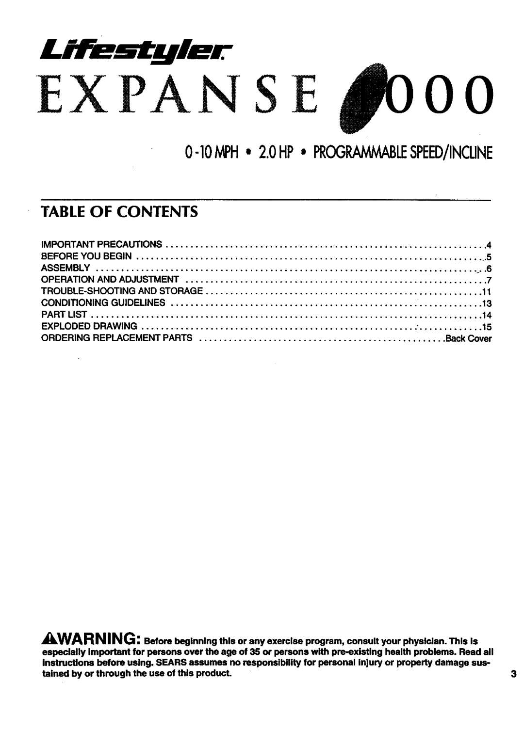 Sears 831.297452 owner manual Expan S E, Table of Contents 