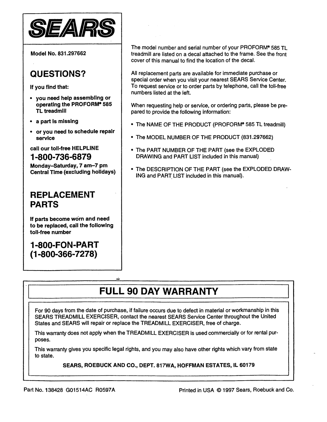 Sears 831.297662 user manual Full 90 DAY Warranty, SEARS, Roebuck and CO., Dept WA, Hoffman ESTATES, IL 