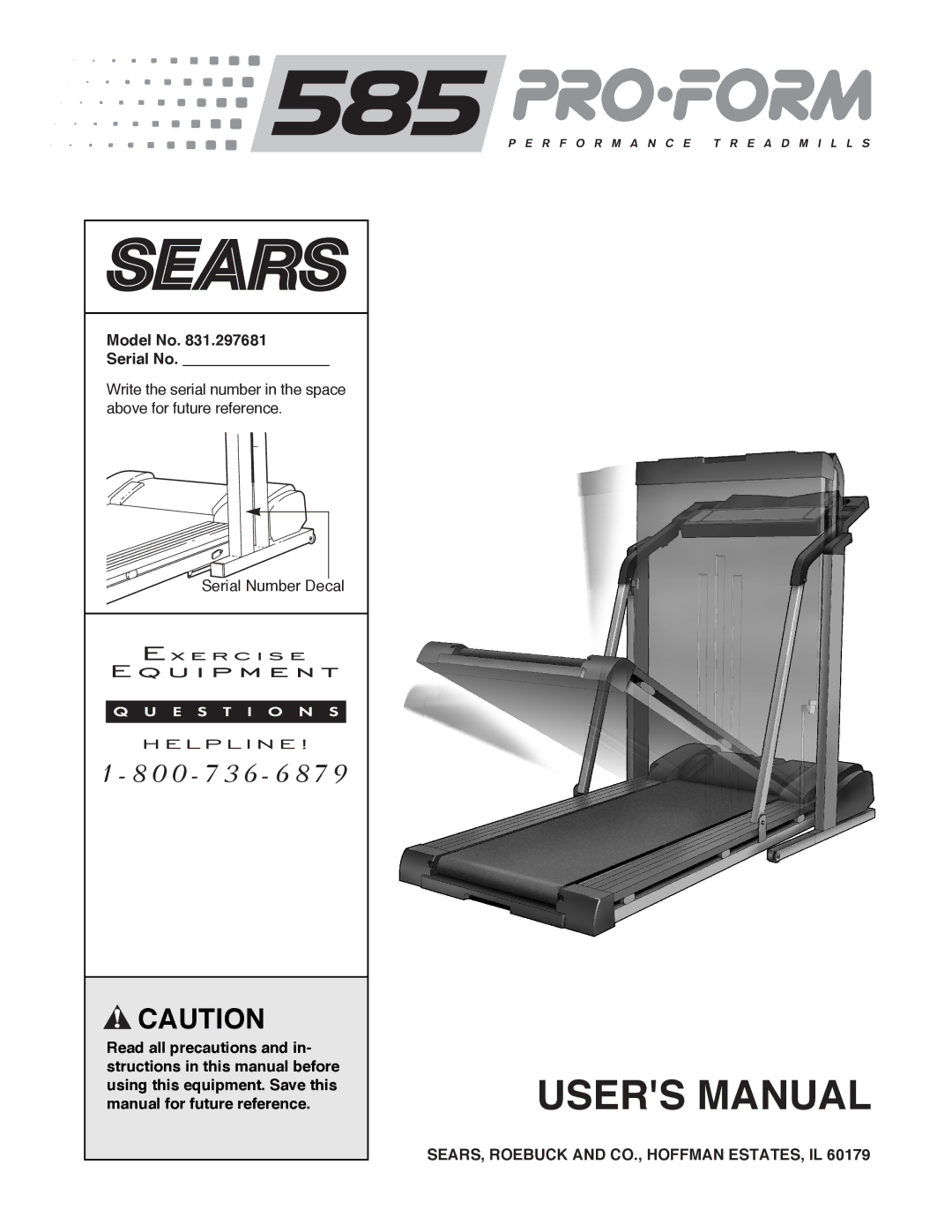 Sears 831.297681 user manual Model No Serial No, SEARS, Roebuck and CO., Hoffman ESTATES, IL 