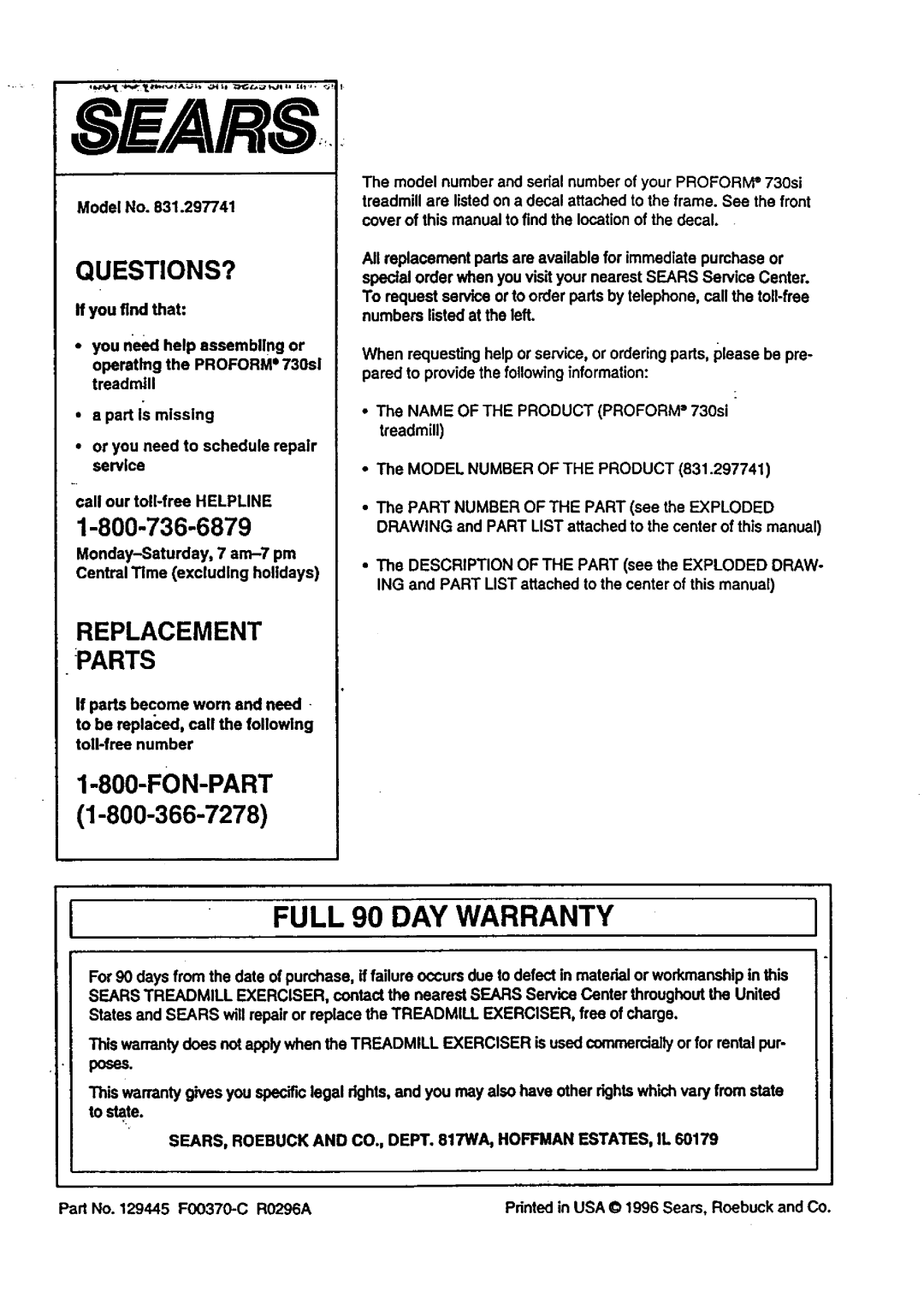 Sears 831.297741 user manual Full 90 DAY Warranty, SEARS, Roebuck and CO., Dept WA, Hoffman ESTATES, IL 