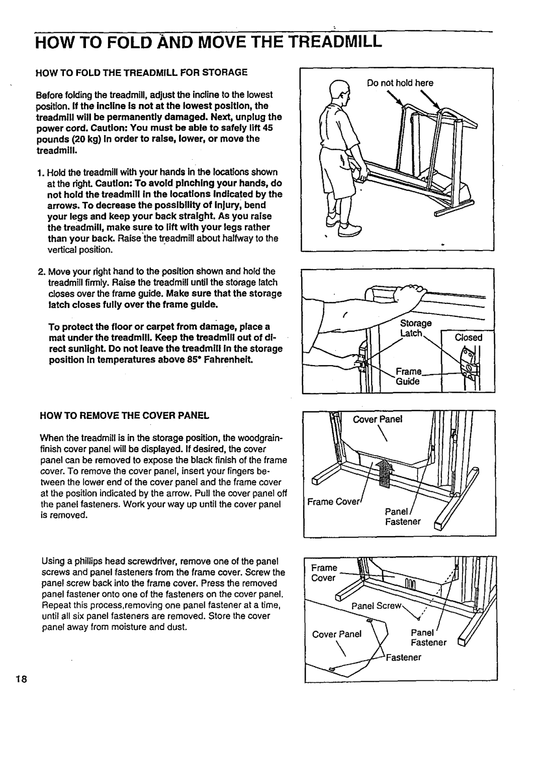 Sears 831.29776 HOW to Fold and Move the Treadmill, HOW to Fold the Treadmill for Storage, HOW to Remove the Cover Panel 