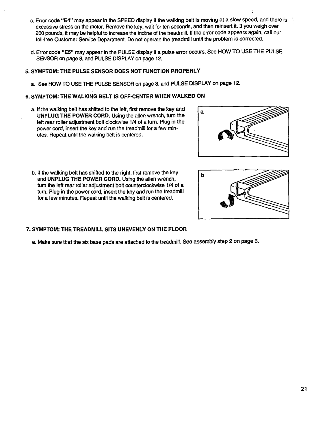 Sears 831.29776 Symptom the Pulse Sensor does not Function Properly, Symptom the Walking Belt is OFF-CENTER When Walked on 