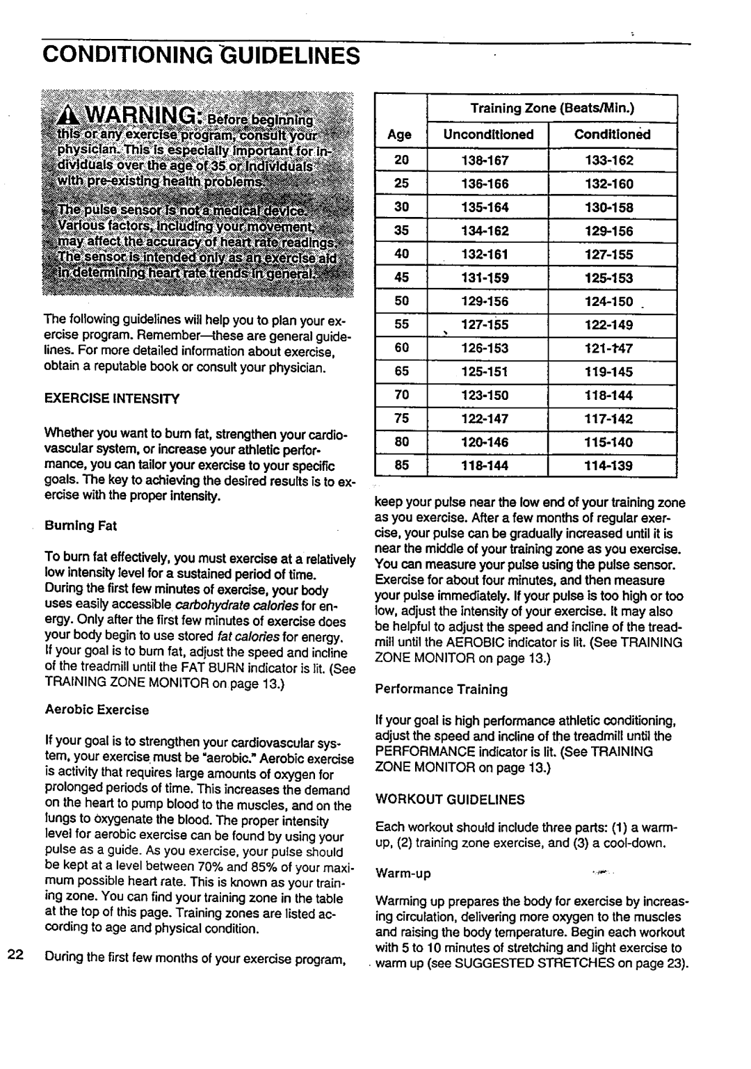 Sears 831.29776 user manual Conditioning Guidelines, Exercise Intensity, Workout Guidelines 