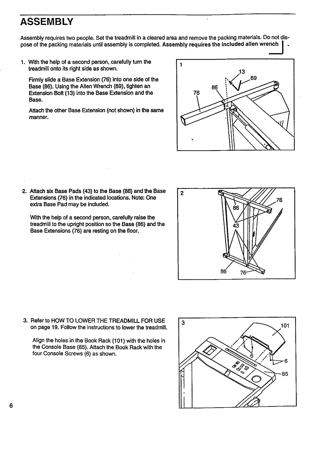 Sears 831.29776 user manual Assembly, Refer to HOW to Lower the Treadmill for USE 