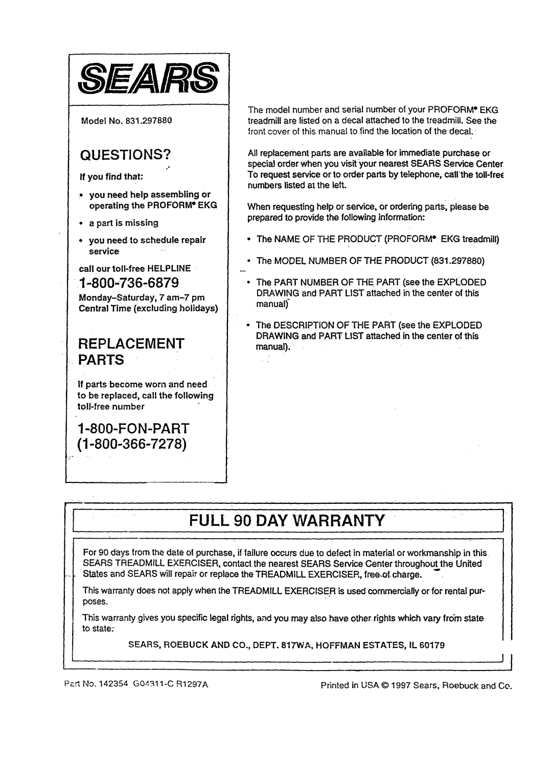 Sears 831.29788 user manual Model No, SEARS, Roebuck and CO., Dept WA, Hoffman ESTATES, IL 