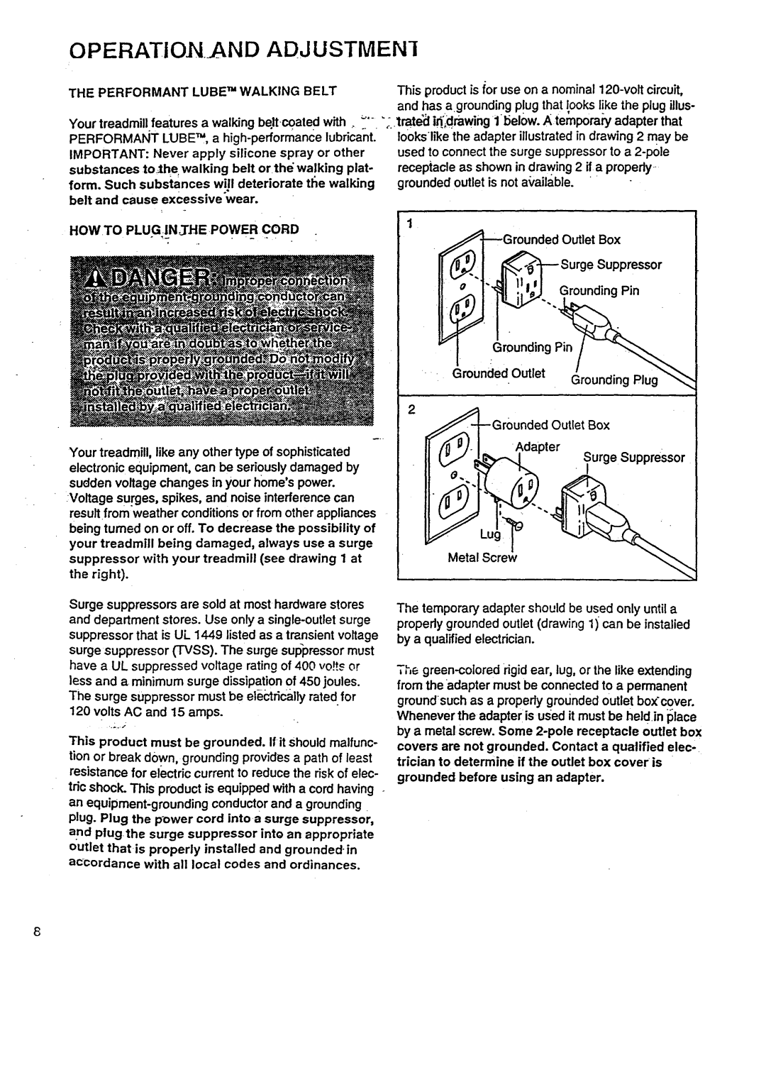 Sears 831.29788 user manual Adjustmen, Performant Lube TM Walking Belt, HOW to PLUGIN3HEPOWER Cord 