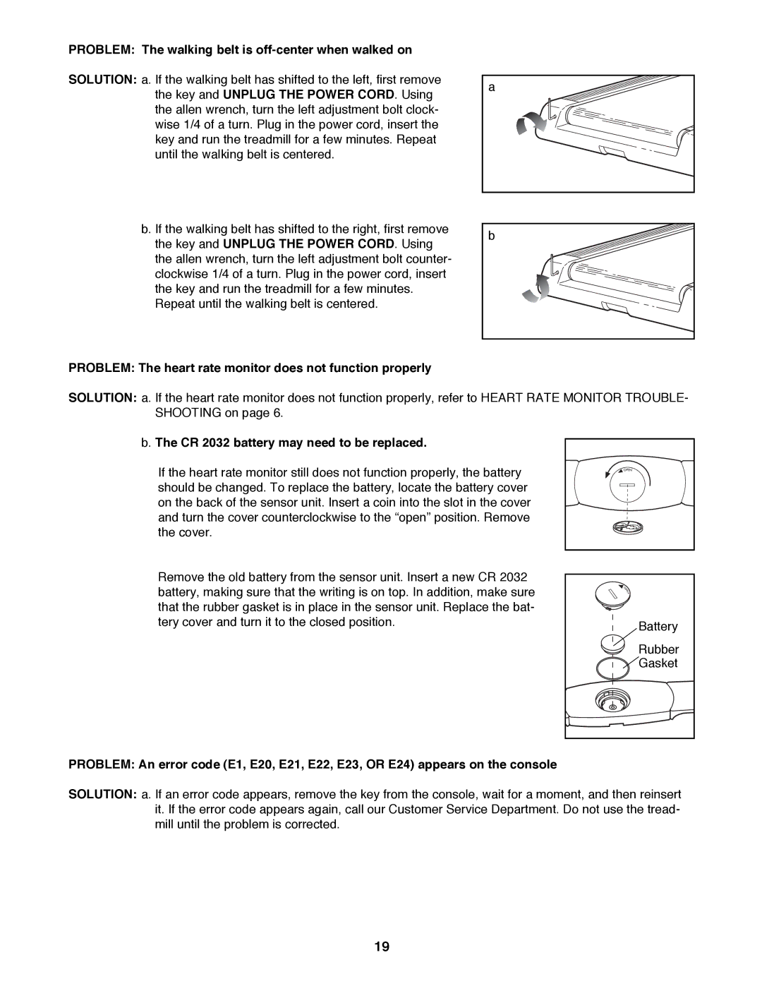 Sears 831.297960 user manual Problem The walking belt is off-center when walked on, CR 2032 battery may need to be replaced 