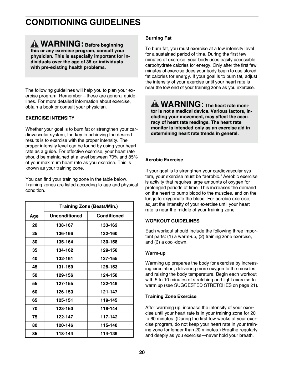 Sears 831.297960 user manual Conditioning Guidelines, Exercise Intensity, Workout Guidelines 