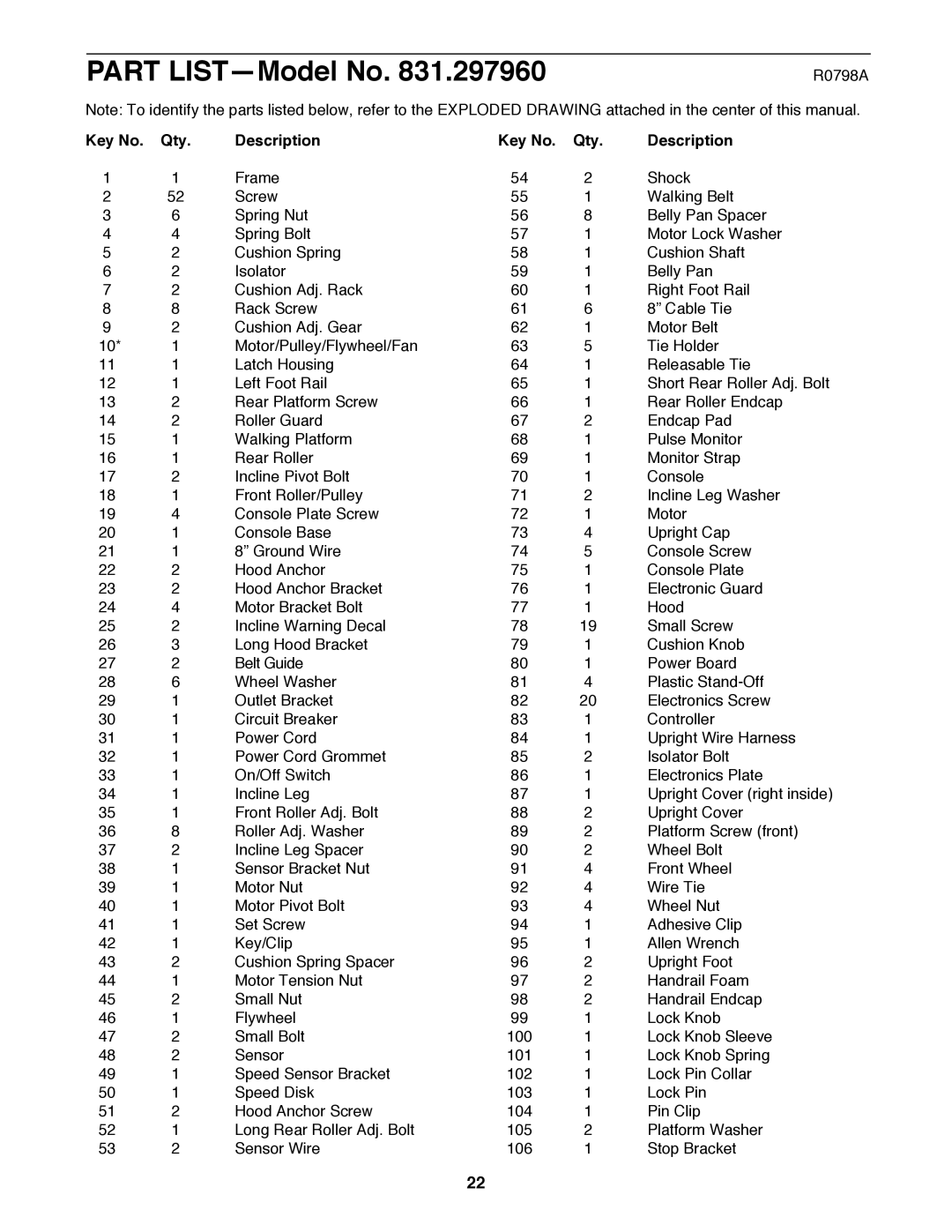 Sears 831.297960 user manual Part LISTÑModel No, Qty Description 