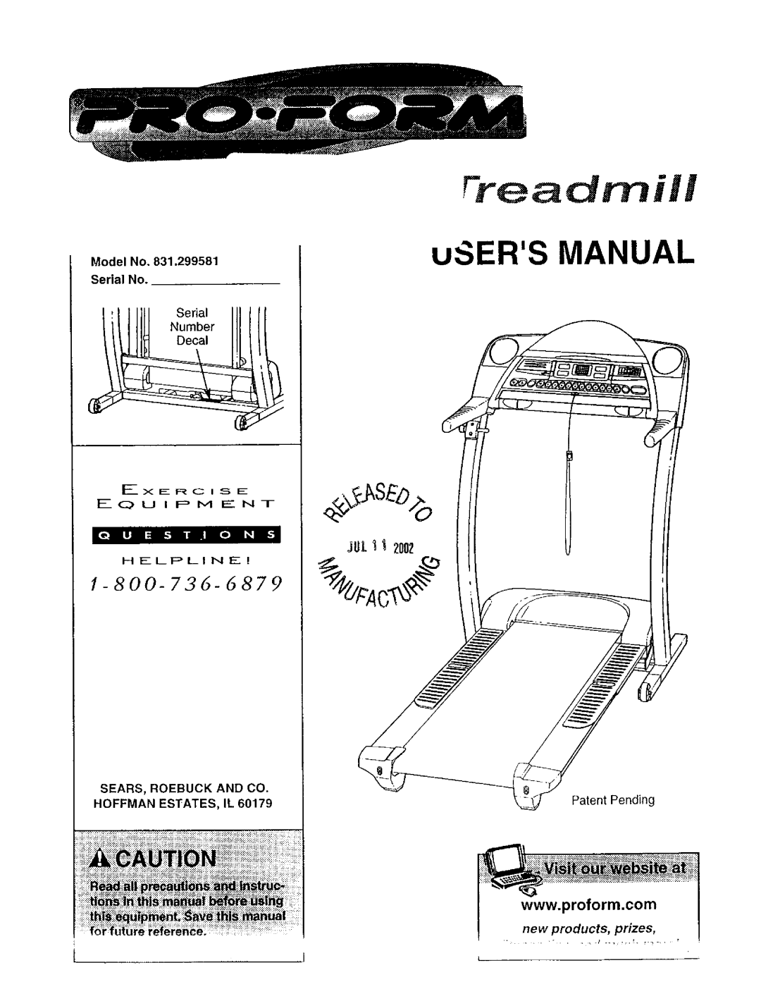 Sears 831.299581 user manual Model No Serial No, SEARS, Roebuck and CO Hoffman ESTATES, IL 