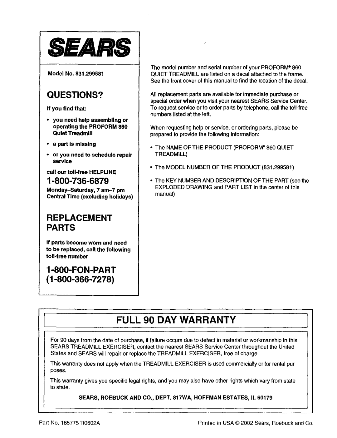 Sears 831.299581 user manual Model No, Treadmill, SEARS, Roebuck and CO., Dept WA, Hoffman ESTATES, IL 