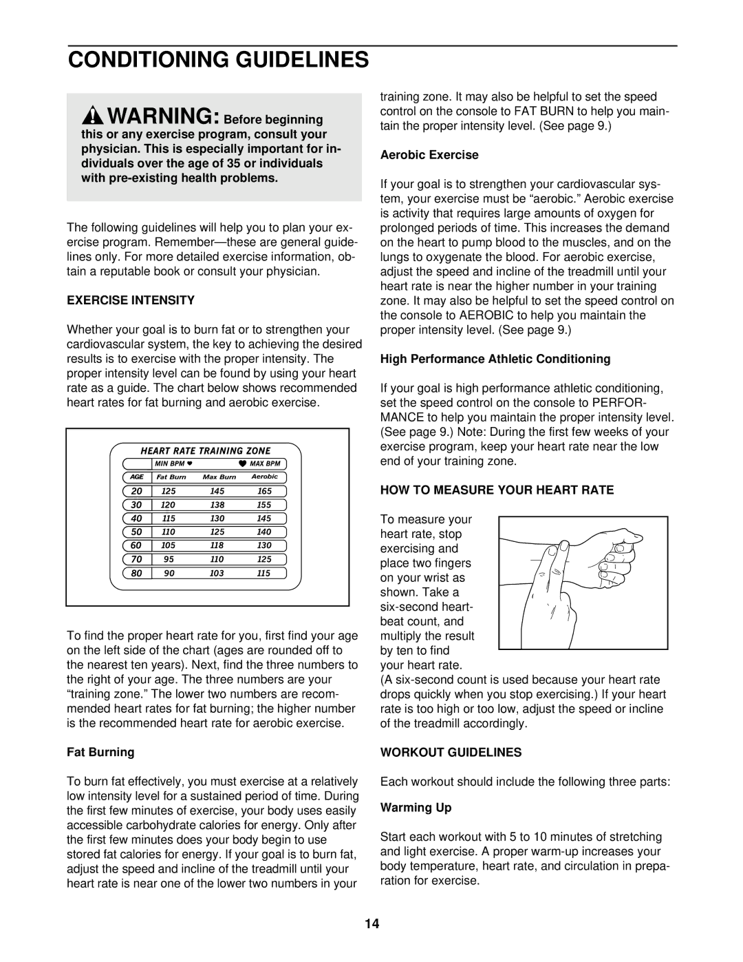 Sears 850 user manual Conditioning Guidelines, Exercise Intensity, HOW to Measure Your Heart Rate, Workout Guidelines 